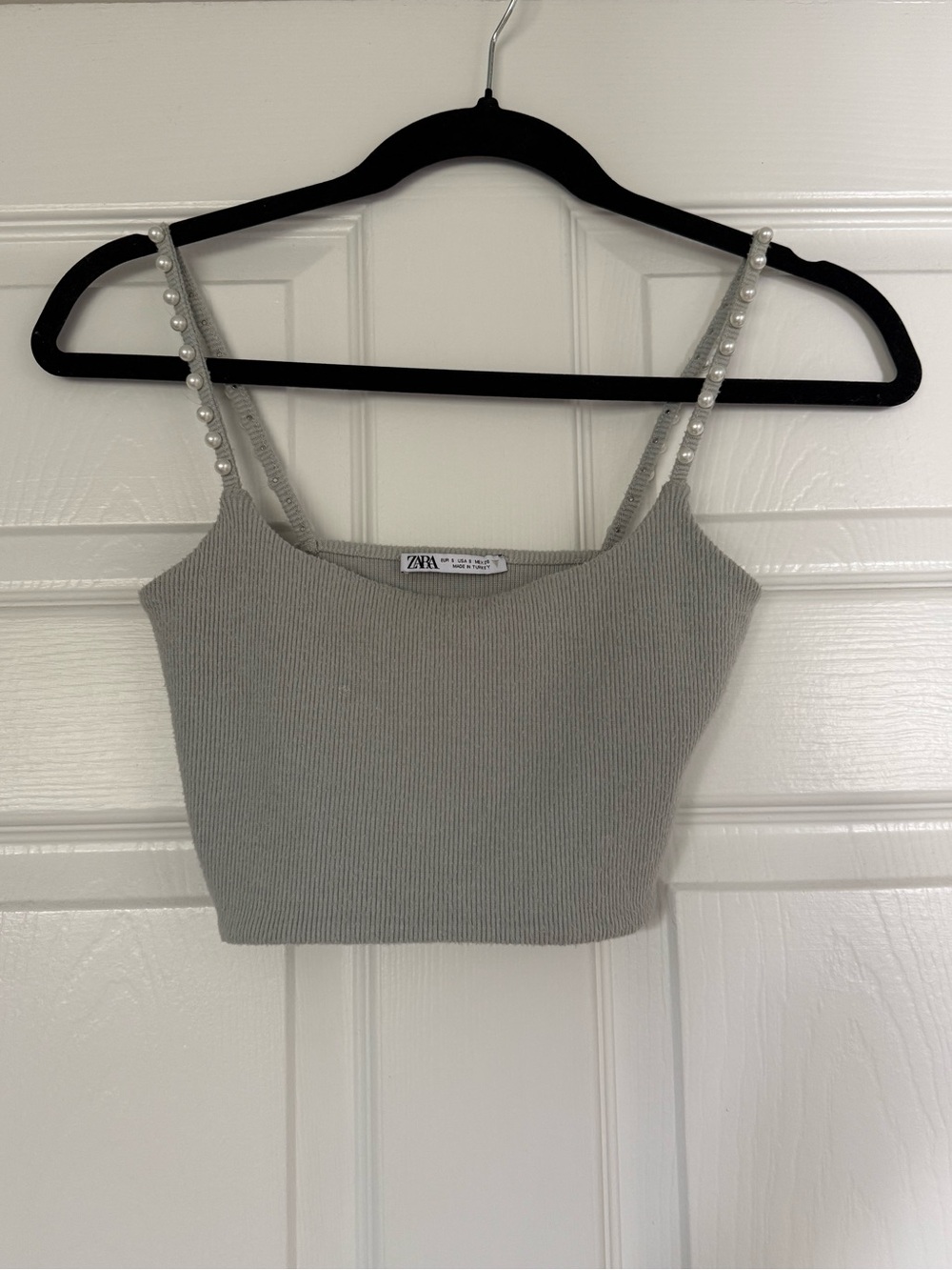 Zara Gray Ribbed Crop Camisole with Pearl-Strap Detail